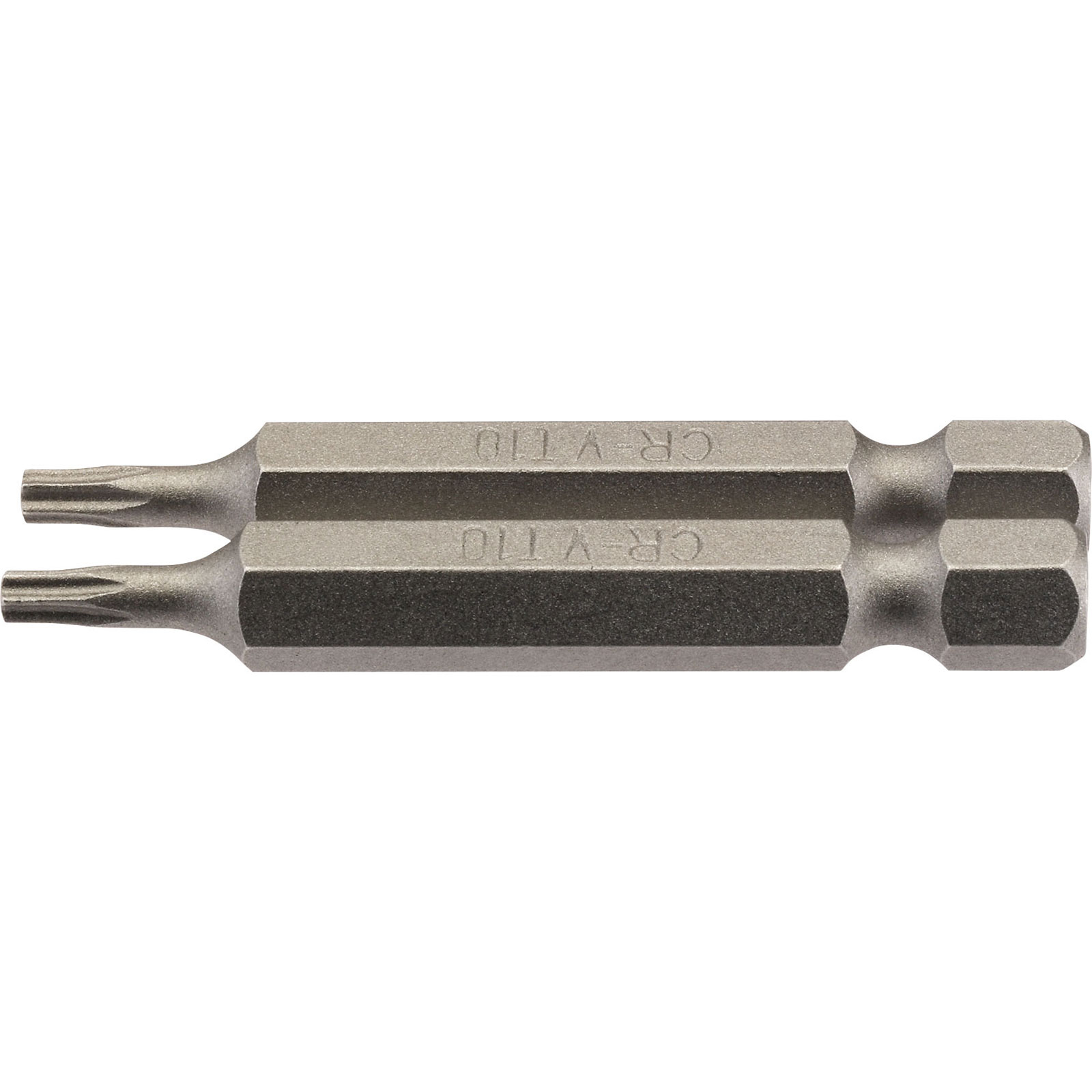 Draper 66486 T10 1/4" Hex TX-STAR® insert bit, 50mm long, featuring a metallic grey finish with dual tips for versatile use.