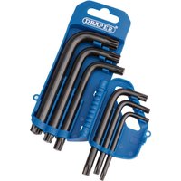 Black Draper TX-STAR key set with six L-shaped keys in a blue plastic holder.