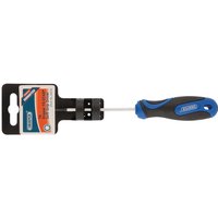 Blue and black Draper TX-STAR T6 screwdriver with soft grip handle and attached packaging.