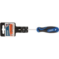 Draper TX-STAR T7 screwdriver with black and blue soft grip handle and silver shaft, attached to packaging.