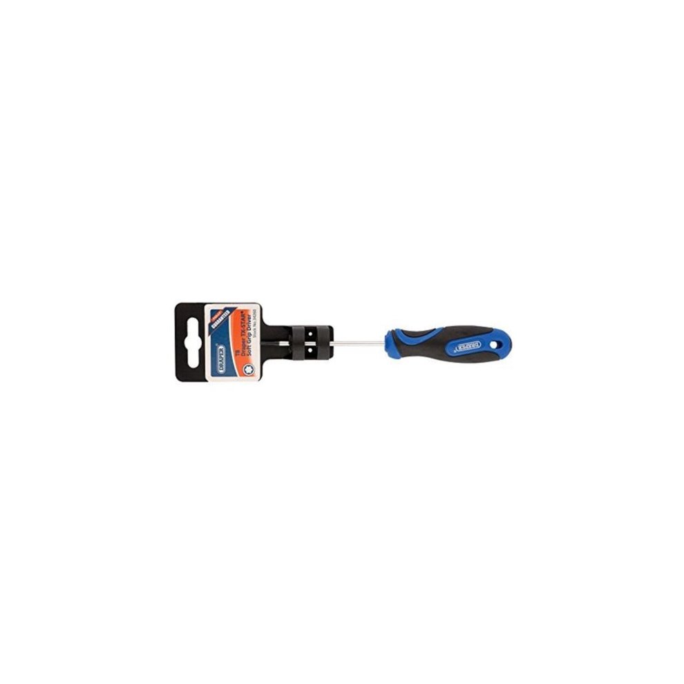 Draper 34260 Soft Grip T8 TX-STAR® screwdriver featuring a black and blue handle with a textured grip and a silver metal shaft, displayed on a branded packaging card.