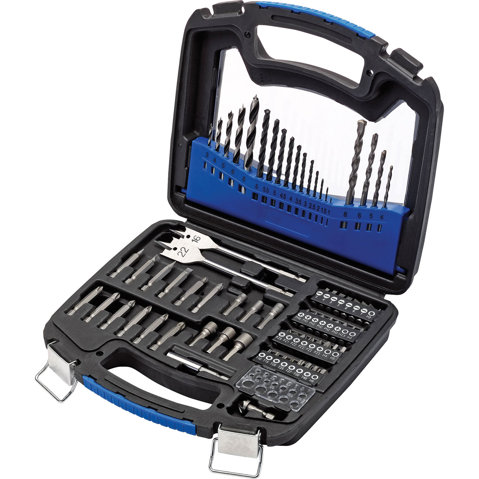 Draper 66090 75-piece drill and accessory kit in a black and blue plastic case, featuring various drill bits, screwdriver bits, and a magnetic bit holder.