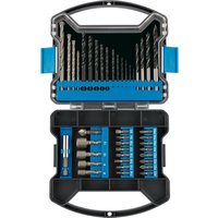 Draper 41-piece drill bit and accessory kit in black and blue case with various drill bits and screwdriver heads.