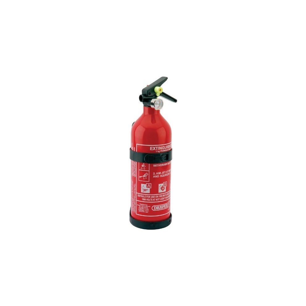 Red 1kg dry powder fire extinguisher by Draper, featuring a black plastic handle, pressure gauge, and clear labeling for fire safety instructions.