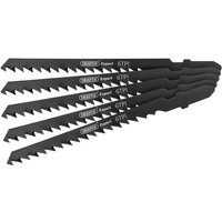 Black Draper DT244D jigsaw blade set, 100mm, 5 pieces with sharp teeth and labeled "6 TPI" for cutting wood.