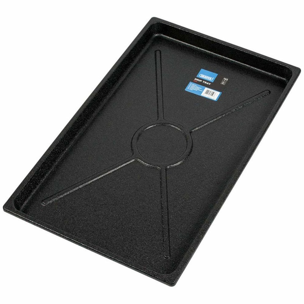 Black plastic drip tray with a textured surface, measuring 16.5 liters, featuring a central circular indentation and cross-patterned grooves for drainage.