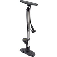 Draper Dual Connector Bicycle Track Pump with black handle, silver barrel, pressure gauge, and dual valve head.