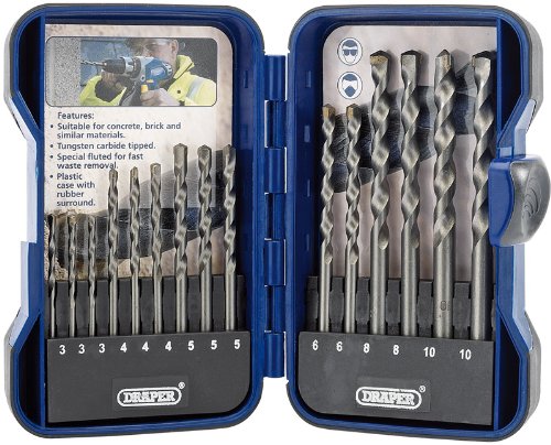 15-piece masonry drill bit set in a blue plastic case, featuring tungsten carbide tips, with bits ranging from sizes 3 to 10, and a rubber surround for secure storage.