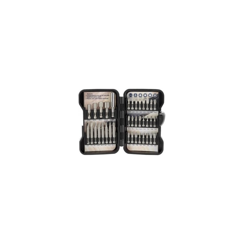 36-piece insert bit set in a black plastic case, featuring various metal bits organized in two compartments with labeled slots for easy identification.