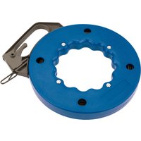 Blue Draper electrician's draw tape in round plastic case, 15m, with black handle and metal hook.