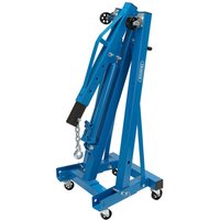 Blue Draper engine crane with hydraulic lift, foldable legs, and swivel casters.