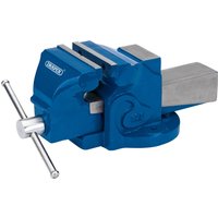Blue Draper Engineers Bench Vice, 125mm, with silver jaws and handle, mounted on a swivel base.