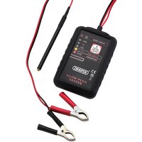 "Draper ETGT 12v Glow Plug Tester with black casing, LED indicators, and red-black test leads with alligator clips"