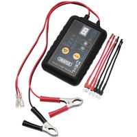 Black Draper ETIT 5v/12v Injector Tester with red and black cables, clamps, and LED indicators on the front panel.