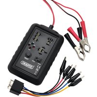Black Draper ETRT relay tester with multiple sockets, red and black cables, and alligator clips.