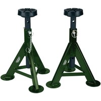 Green Draper Expert axle stands, 3-tonne capacity, triangular base, adjustable height with locking pin, sold as a pair.