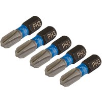 Pack of five Draper Expert PH3 impact screwdriver bits, silver with black and blue base, 25mm length, 1/4in hex.