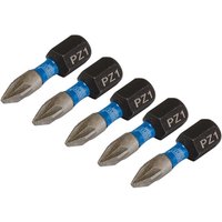 Pack of five silver and black Pz-Type impact screwdriver bits, No.1, 25mm length, with blue bands, 1/4in hex shank.