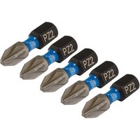 Pack of five Draper Expert Pz-Type impact screwdriver bits, No.2, 25mm length, 1/4in hex, black with blue band.