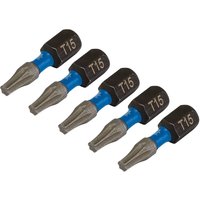 Pack of five Draper Expert T15 Tx-Star® impact screwdriver bits, silver tips, blue bands, black hex shanks.