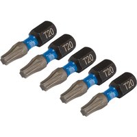Pack of five Draper Expert T20 Tx-Star® impact screwdriver bits, 25mm length, black and silver with blue band.