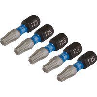 Pack of five Draper Expert T25 Tx-Star impact screwdriver bits, silver with blue bands and black hex bases.