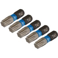 Pack of five silver and black Draper Expert T40 Tx-Star® impact screwdriver bits with blue bands and hex ends.