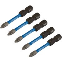 Pack of 5 Draper Expert Pz-Type impact screwdriver bits, No.1 x 50mm, 1/4in hex, with blue and silver shafts.