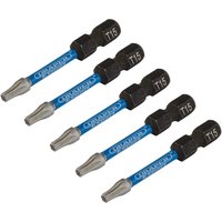 Set of five Draper Expert T15 Tx-Star® screwdriver bits, 50mm length, black with blue bands and 1/4in hex shank.