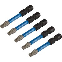 Pack of five Draper Expert T25 Tx-Star® impact screwdriver bits, 50mm length, with blue and black design, 1/4in hex.