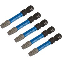Draper Expert T30 impact screwdriver bits, blue and silver, 50mm length, 1/4in hex, pack of 5.