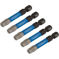 Set of five blue and silver Draper Expert T40 Tx-Star® impact screwdriver bits with 1/4in hex shank.