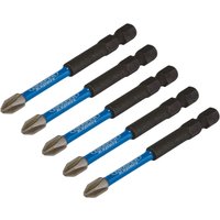 Pack of five Draper Expert impact screwdriver bits, blue and black, cross slot/PH type, No.2 x 75mm, 1/4in hex.