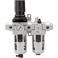 Silver Draper Expert filter/regulator/lubricator with pressure gauge, black knobs, and mounting bracket.