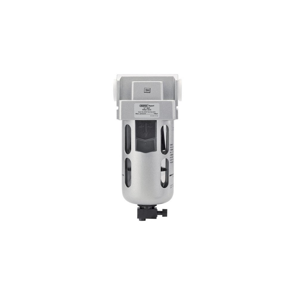 Silver metal filter unit with a clear cylindrical body, featuring a black valve at the bottom and a label on the front, designed for 1/2" BSP connections.