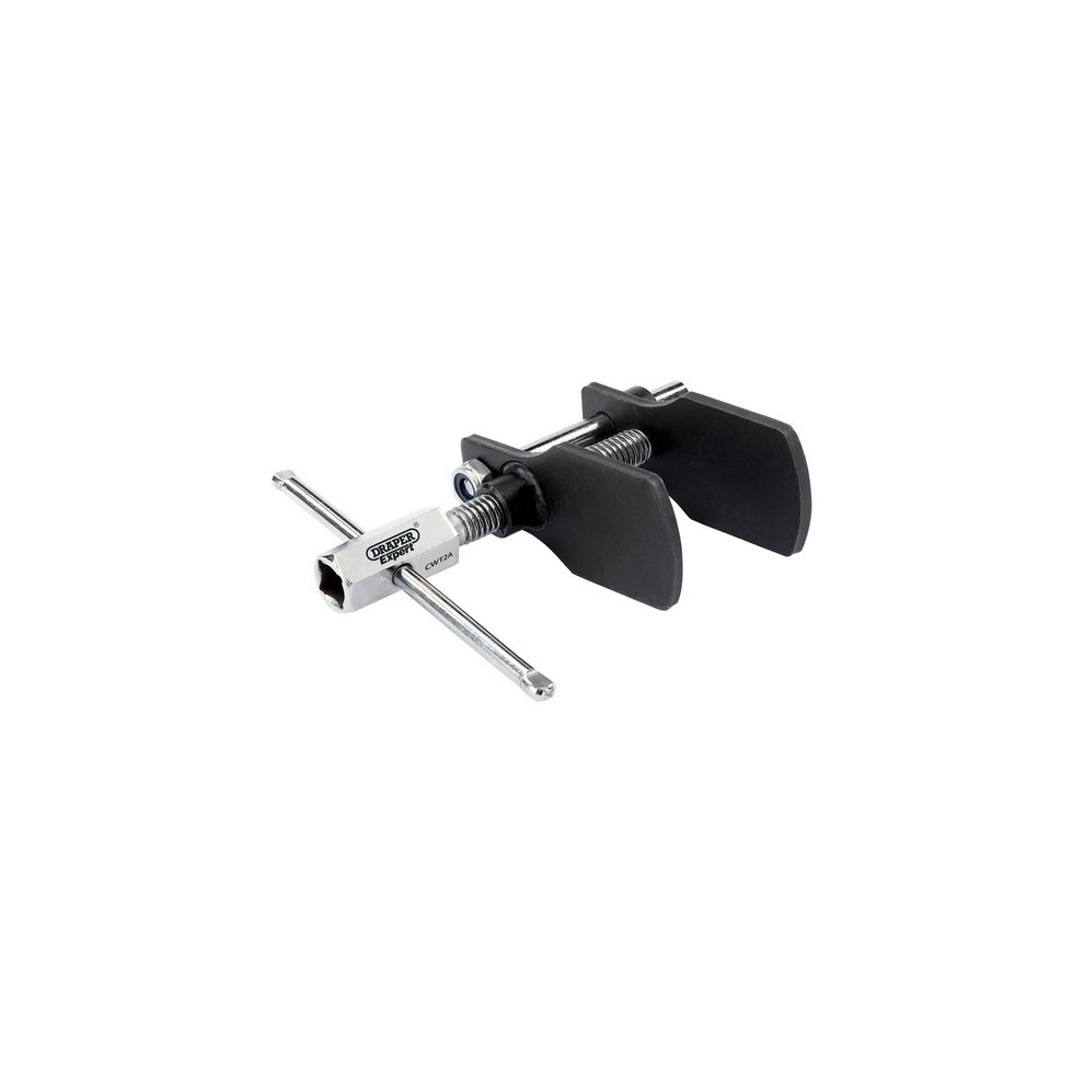 Draper Expert 38205 piston retraction tool features a silver metal body with two black rubber pads and a central screw mechanism, designed for 1/2" square drive applications.
