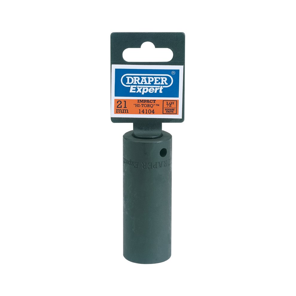 21mm deep impact socket in dark grey with a square drive, featuring a sturdy metal construction and a label indicating "Draper Expert" and product details.