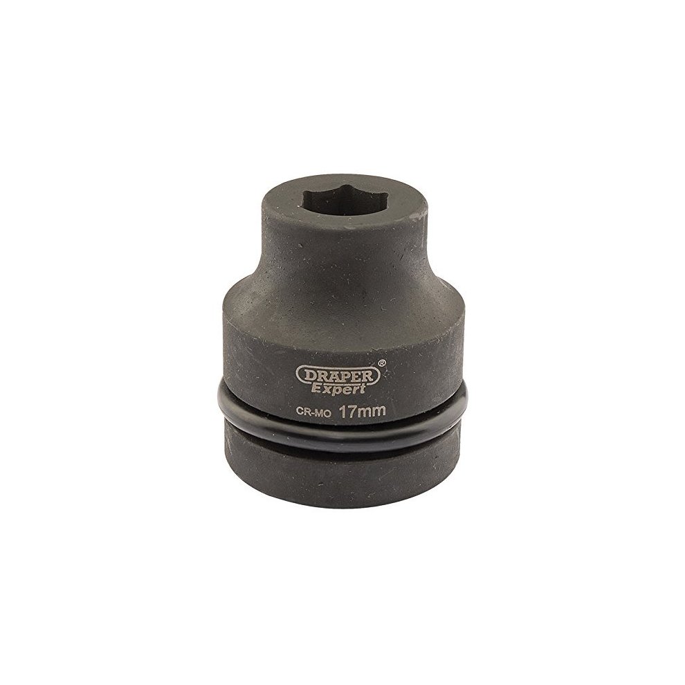 Draper Expert 17mm 1" square drive socket, featuring a black, matte finish with a six-point design and marked with "CR-MO" for durability.