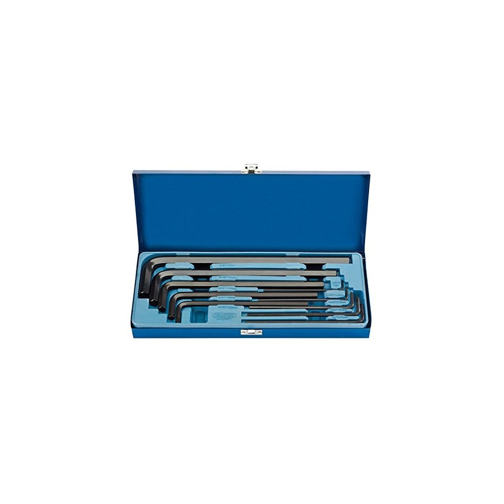 Ten-piece metric hexagon key set in a blue metal case, featuring extra long keys with a black finish, neatly arranged in a foam insert for easy access and storage.