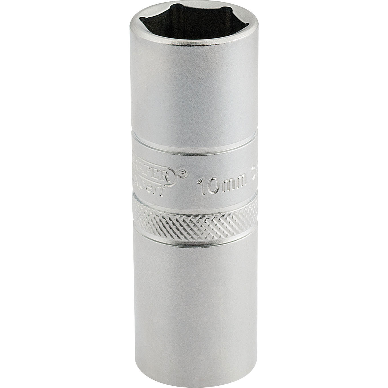 Satin-finished, chrome-plated 10mm spark plug socket with a 1/2" square drive and knurled grip for easy handling, featuring six-point design for secure fit.