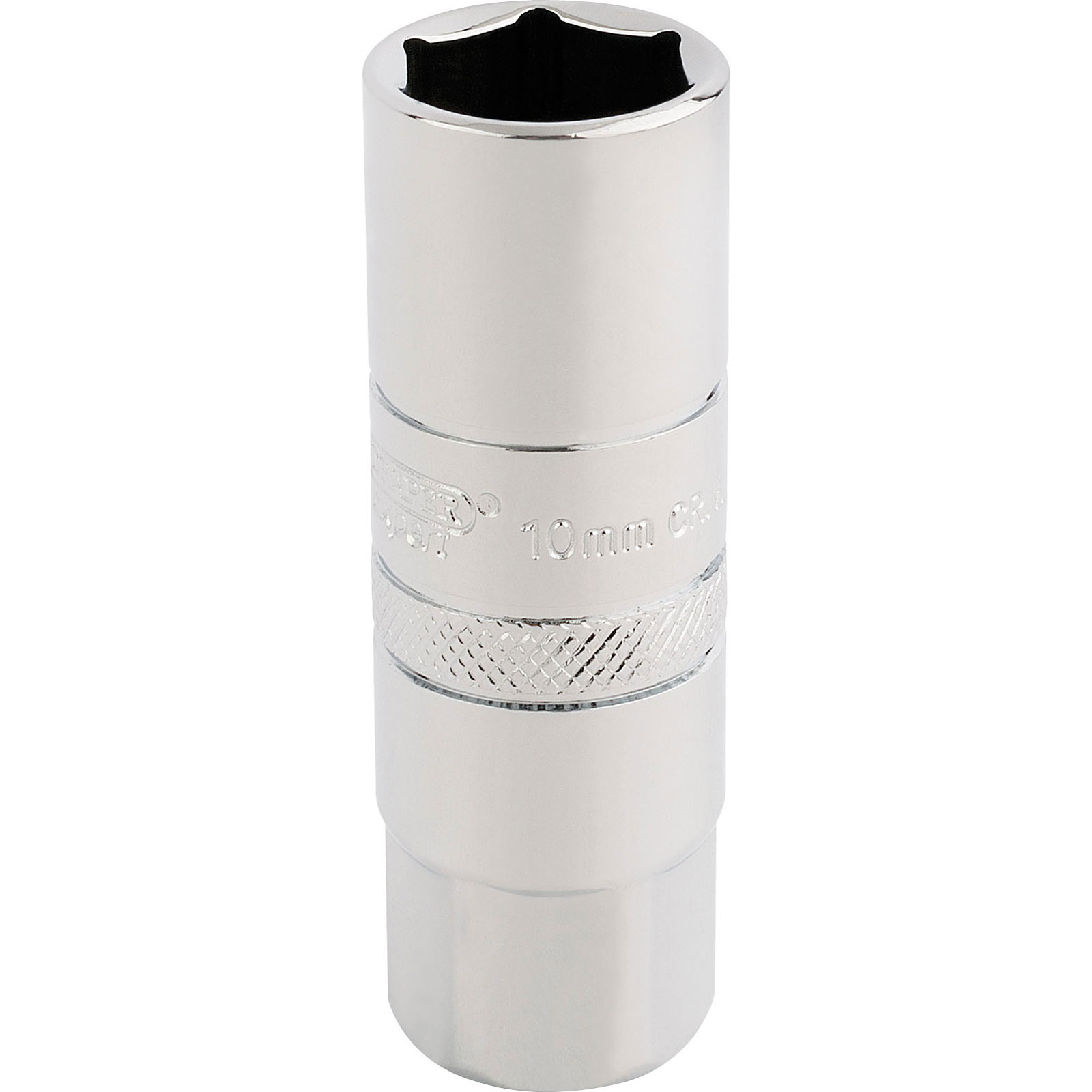 Silver 10mm spark plug socket with a 3/8" square drive, featuring a smooth chrome finish and a textured grip section for easy handling.