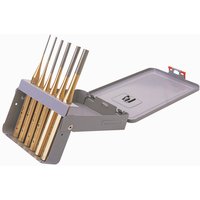Draper Expert 6 Piece Octagonal Parallel Pin Punch Set in a gray metal case with gold-toned handles and open lid.