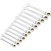 Silver Draper 12-piece ratchet spanner set with flexible heads and Hi-Torq design, arranged in size order.