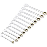 Draper Expert 12 Piece Hi-Torq Ratchet Combination Spanner Set, silver with gold ringed ratchet ends, various sizes.