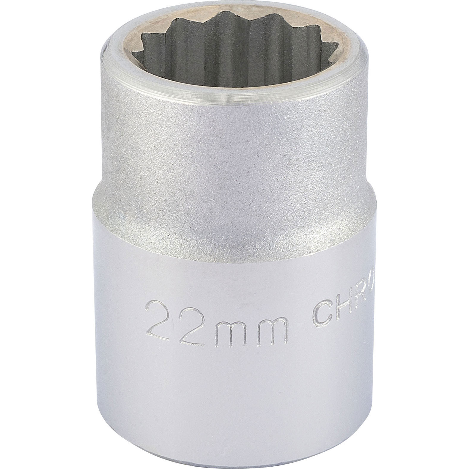 Draper Expert 16691 3/4" square drive socket in silver chrome finish, featuring a 12-point design with "22mm" engraved on the side for easy identification.