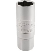 Silver Draper Expert spark plug socket, 12mm thread, 6-point, satin chrome finish, 1/2" square drive, 18mm size.
