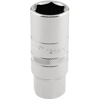 Silver Draper Expert 12mm spark plug socket, 6-point design, 1/2" square drive, 18mm length, knurled grip.