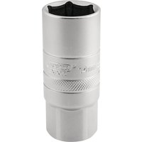 Satin chrome spark plug socket, 14mm thread, 6-point design, 1/2" square drive, 21mm size, by Draper Expert.