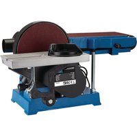 Blue Draper Expert belt and disc sander with tool stand, 150mm disc, 750W motor, and dust extraction port.