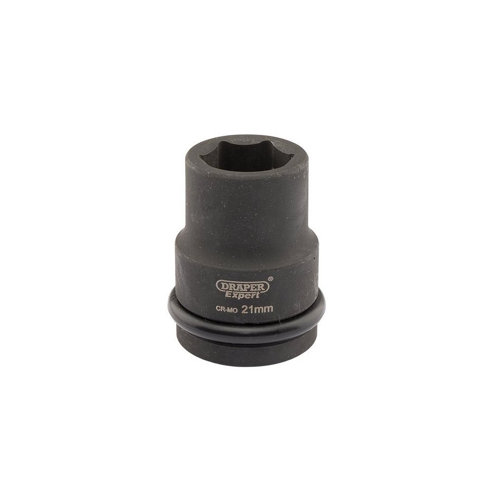 Black 21mm 3/4" square drive socket with a six-point design, featuring a rubber O-ring and "Draper Expert" branding, made from durable chrome molybdenum steel.